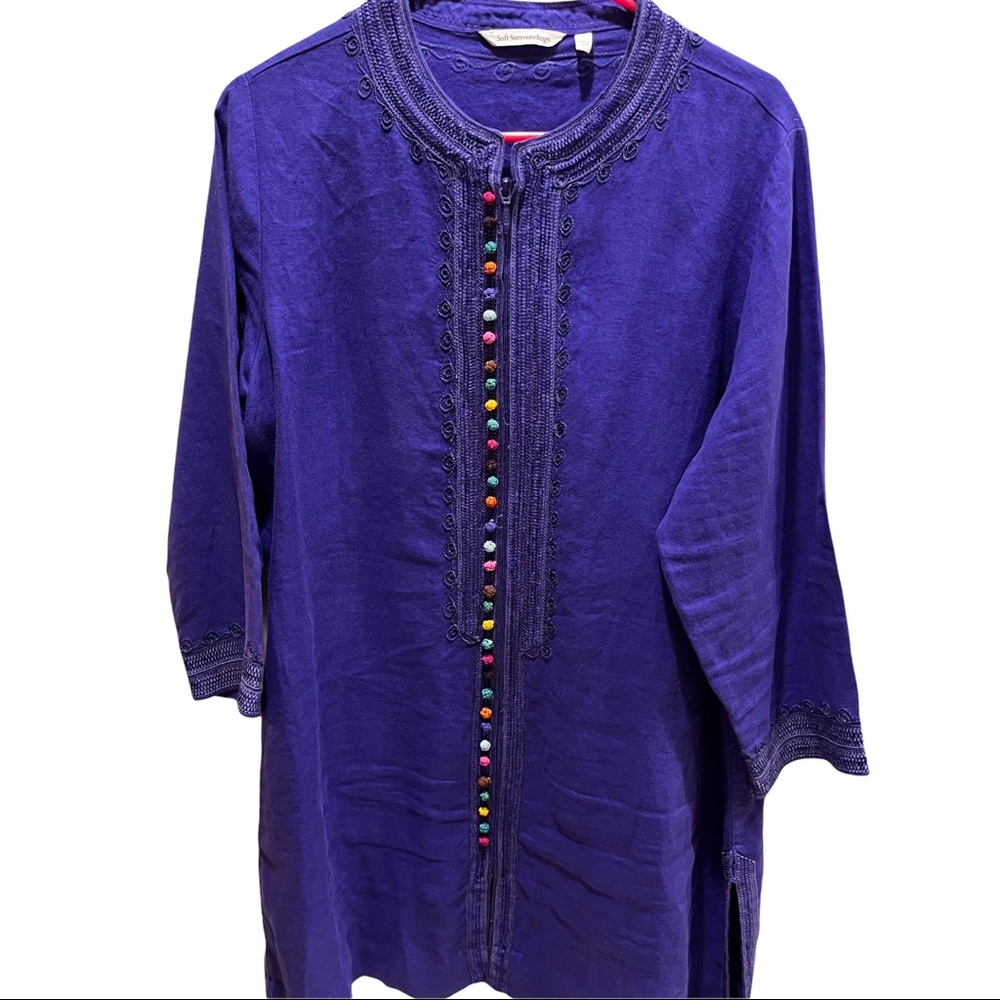 Soft Surroundings Tunic Purple 100% Linen Front Zip Colorful French knots XL